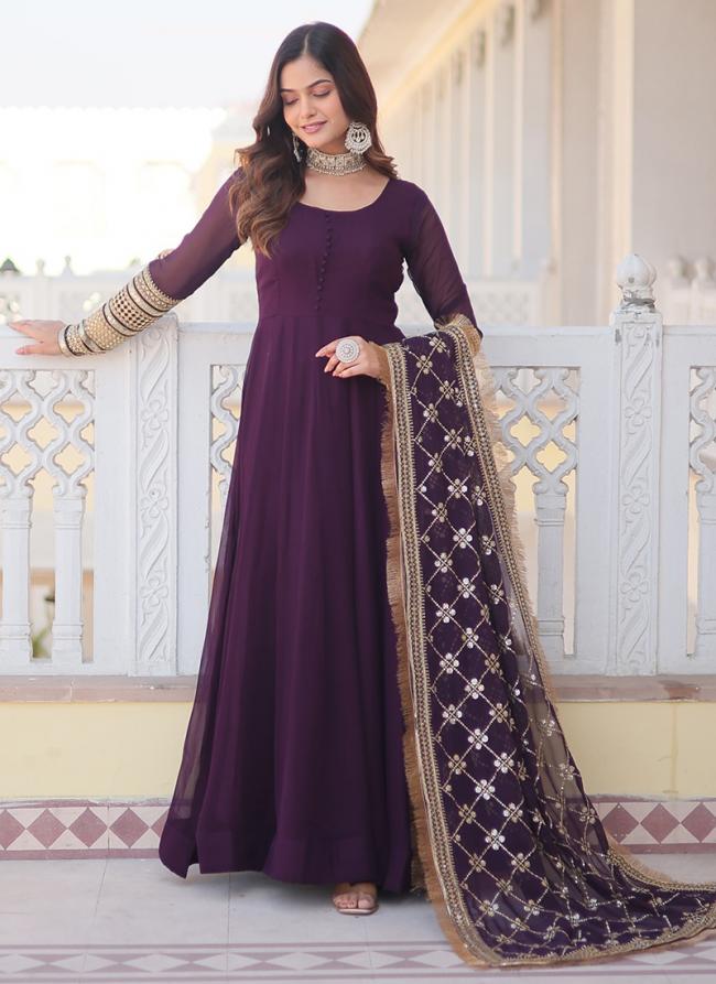 Faux Georgette Wine Festival Wear Embroidery Work Gown With Dupatta